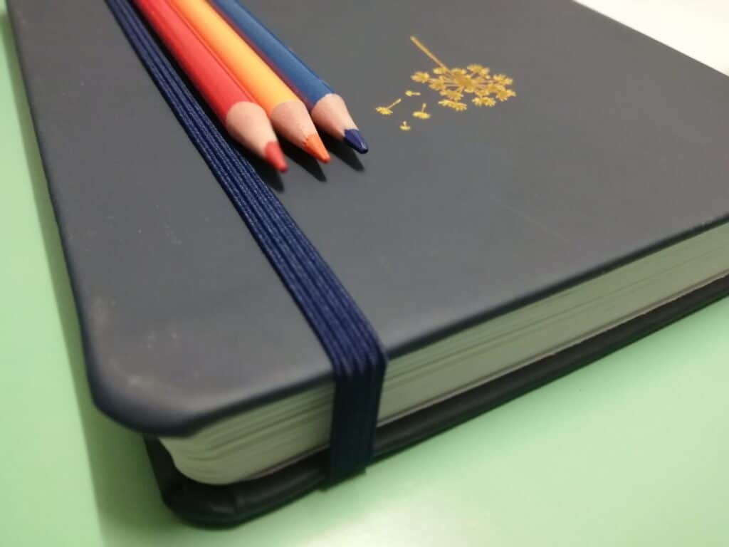 Blue vegan leather journal with coloured pens and a dandelion gold motif
