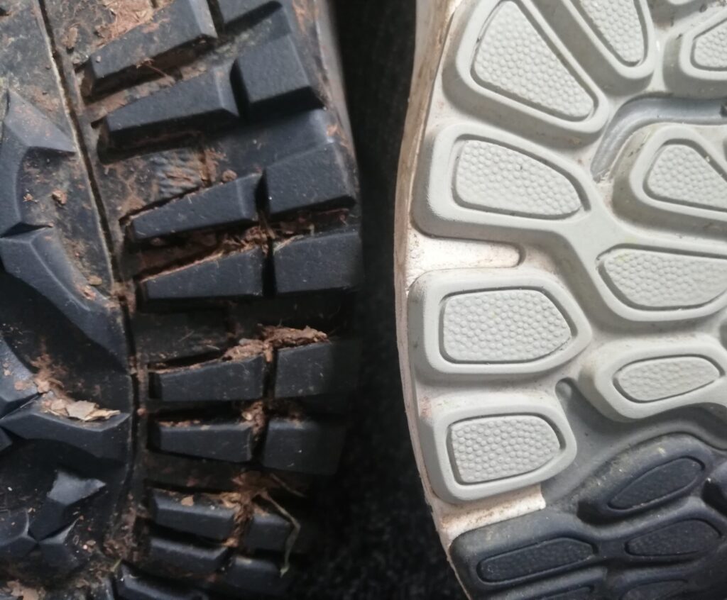 Hiking boot and trainer sole comparison