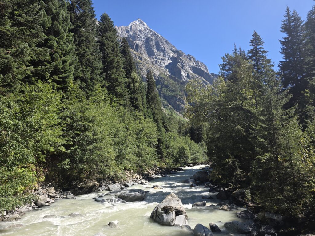 River fed by the Ushba glacier through Shdugra waterfall.