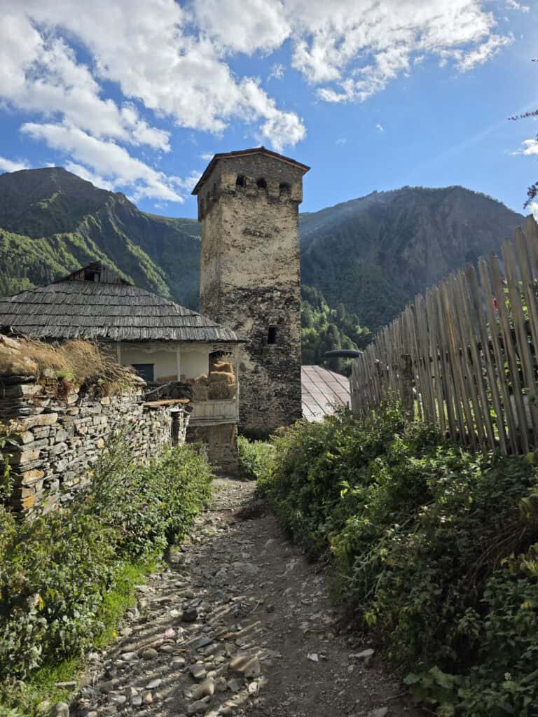Svaneti tower in the streets of Adishi, Georgia