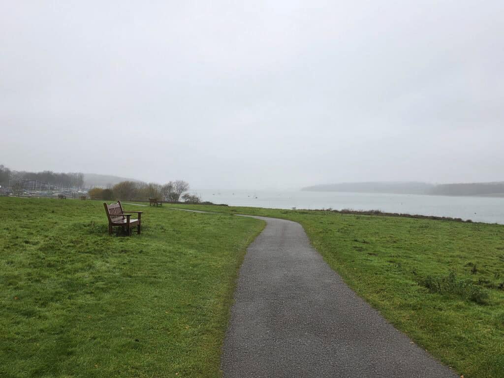 Path, benches and Rutland water
