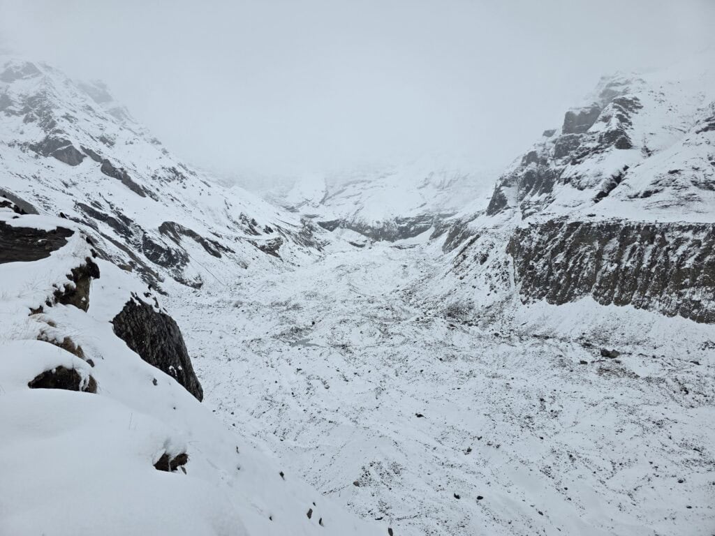 Glacier at Annapurna Base Camp covered in snow